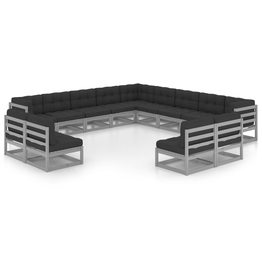 13-tlg. Garten-Lounge-Set mit Kissen Grau Kiefer Massivholz